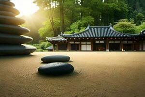 japanese style garden with stones and pagoda in the background. AI-Generated photo