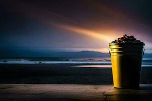 un Cubeta de arena en el playa a puesta de sol. generado por ai foto