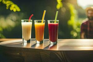 Tres lentes de jugo en un mesa. generado por ai foto