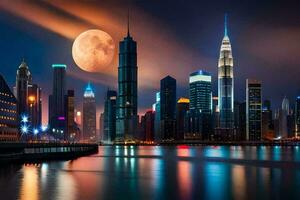 el ciudad horizonte a noche con un lleno Luna. generado por ai foto