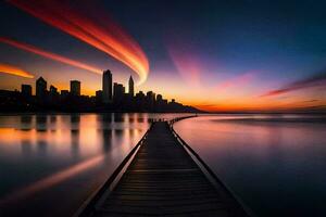 un muelle con un ciudad horizonte en el antecedentes. generado por ai foto