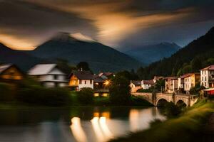 photo wallpaper the sky, mountains, river, bridge, town, house, house, the sky. AI-Generated