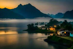 un pueblo se sienta en el borde de un lago a puesta de sol. generado por ai foto