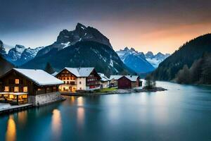 foto fondo de pantalla el cielo, montañas, lago, casa, el casa, el montañas, el casa. generado por ai