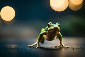 a frog is standing on the ground with blurry lights in the background. AI-Generated photo