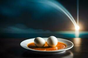 two eggs on a plate with a rocket in the background. AI-Generated photo