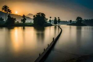 a long wooden pier in the middle of a lake at sunset. AI-Generated photo