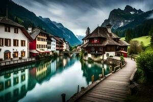 a river runs through a town in the mountains. AI-Generated photo