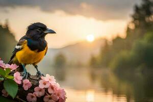 un pájaro se sienta en un rama cerca un lago a puesta de sol. generado por ai foto