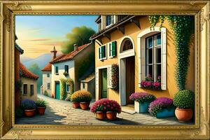 a painting of a street with flowers and houses. AI-Generated photo