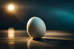 un huevo en un mesa en frente de un brillante ligero. generado por ai foto