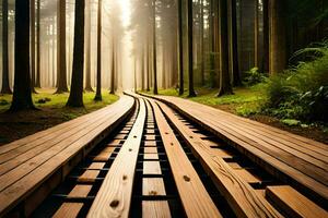 a wooden path in the middle of a forest. AI-Generated photo