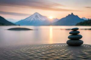 stacked stones on the beach at sunset with mountains in the background. AI-Generated photo
