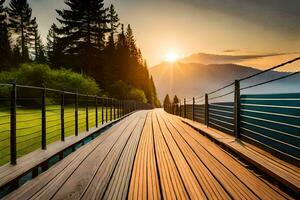 a wooden bridge leads to a mountain at sunset. AI-Generated photo