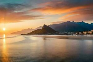 the sun sets over the ocean and mountains in rio de janeiro, rio de. AI-Generated photo