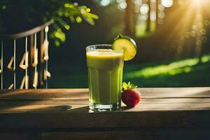 a glass of green juice with a strawberry on top. AI-Generated photo