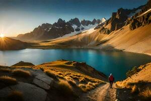 el hombre es caminando arriba el camino hacia el lago. generado por ai foto