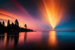 a colorful sunset over the water with trees in the foreground. AI-Generated photo