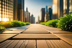 a wooden walkway in front of tall buildings. AI-Generated photo