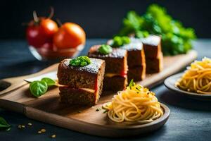 a wooden cutting board with a slice of cake and spaghetti. AI-Generated photo