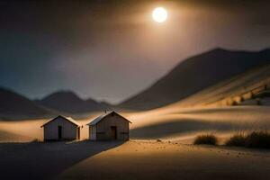 dos pequeño casas en el Desierto con un lleno Luna. generado por ai foto