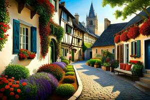 a street with colorful flowers and buildings. AI-Generated photo