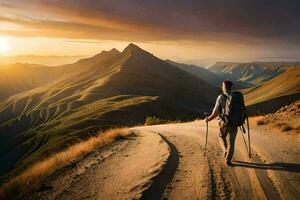 un hombre con un mochila caminando en un suciedad la carretera en el montañas. generado por ai foto