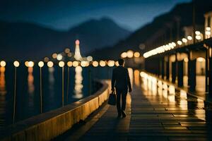 un hombre caminando a lo largo un muelle a noche con luces en. generado por ai foto