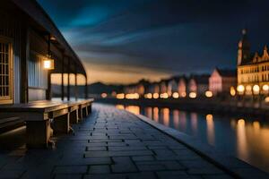 un banco con vista a un río a noche con luces en el edificios generado por ai foto