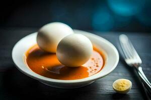 two eggs are in a bowl with sauce. AI-Generated photo