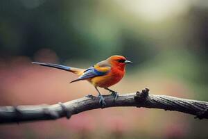 a colorful bird sits on a branch. AI-Generated photo