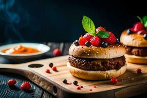 two hamburgers with berries and sauce on a wooden cutting board. AI-Generated photo