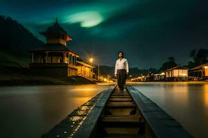 un hombre en pie en un de madera puente a noche. generado por ai foto