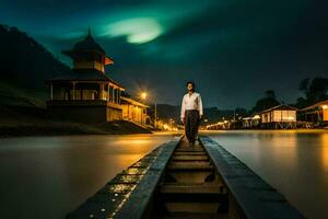 a man standing on a wooden bridge at night. AI-Generated photo