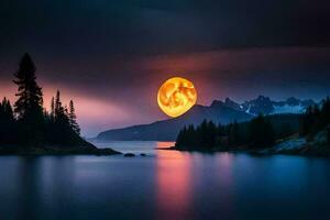 the full moon rises over the mountains and lake. AI-Generated photo