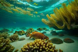a tropical fish swims in the ocean with coral and other fish. AI-Generated photo