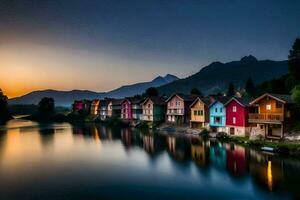 vistoso casas en el bancos de un río a puesta de sol. generado por ai foto