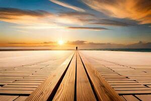 a man stands on a wooden walkway at sunset. AI-Generated photo