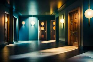 un pasillo con ligero brillante mediante el puertas generado por ai foto