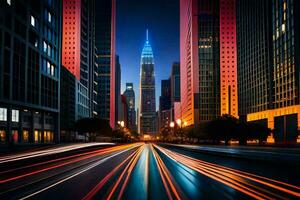 new york city skyline at night with light trails. AI-Generated photo