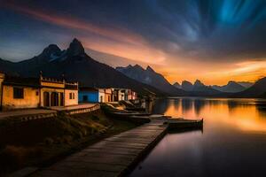 un lago y casas en el montañas a puesta de sol. generado por ai foto