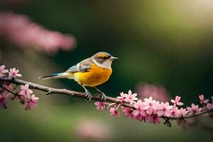 a bird sits on a branch with pink flowers. AI-Generated photo