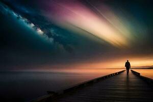 a man standing on a pier looking at the sky. AI-Generated photo