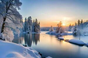 invierno paisaje con nieve cubierto arboles y río. generado por ai foto