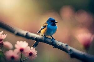 un azul pájaro se sienta en un rama con rosado flores generado por ai foto