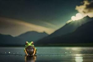 a frog sitting on the edge of a lake at night. AI-Generated photo