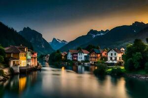 un río carreras mediante un pueblo a puesta de sol. generado por ai foto