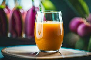 un vaso de naranja jugo en un de madera bandeja. generado por ai foto