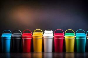 a row of colorful trash cans with lids. AI-Generated photo