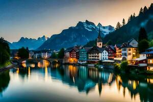 el pueblo de hallstatt, Suiza, a oscuridad. generado por ai foto